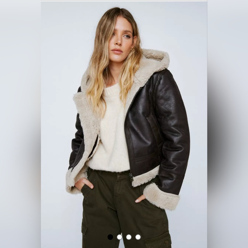 Nasty Gal Leather Borg Lined Hooded Aviator Jacket